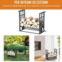 EasyComfort Portalegna in Acciaio Nero per Interni ed Esterni con 4 Attrezzi Inclusi