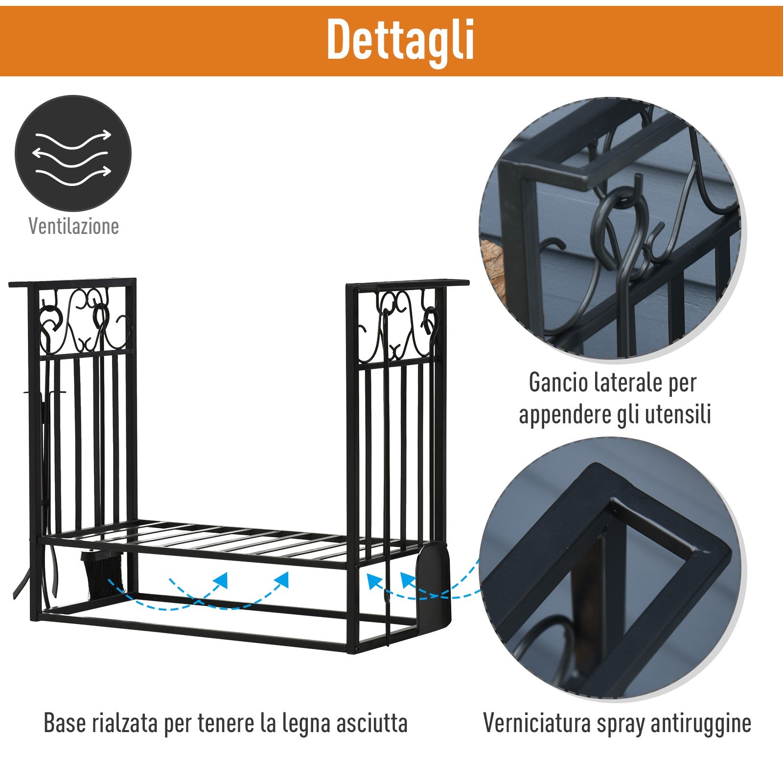 EasyComfort Portalegna in Acciaio Nero per Interni ed Esterni con 4 Attrezzi Inclusi