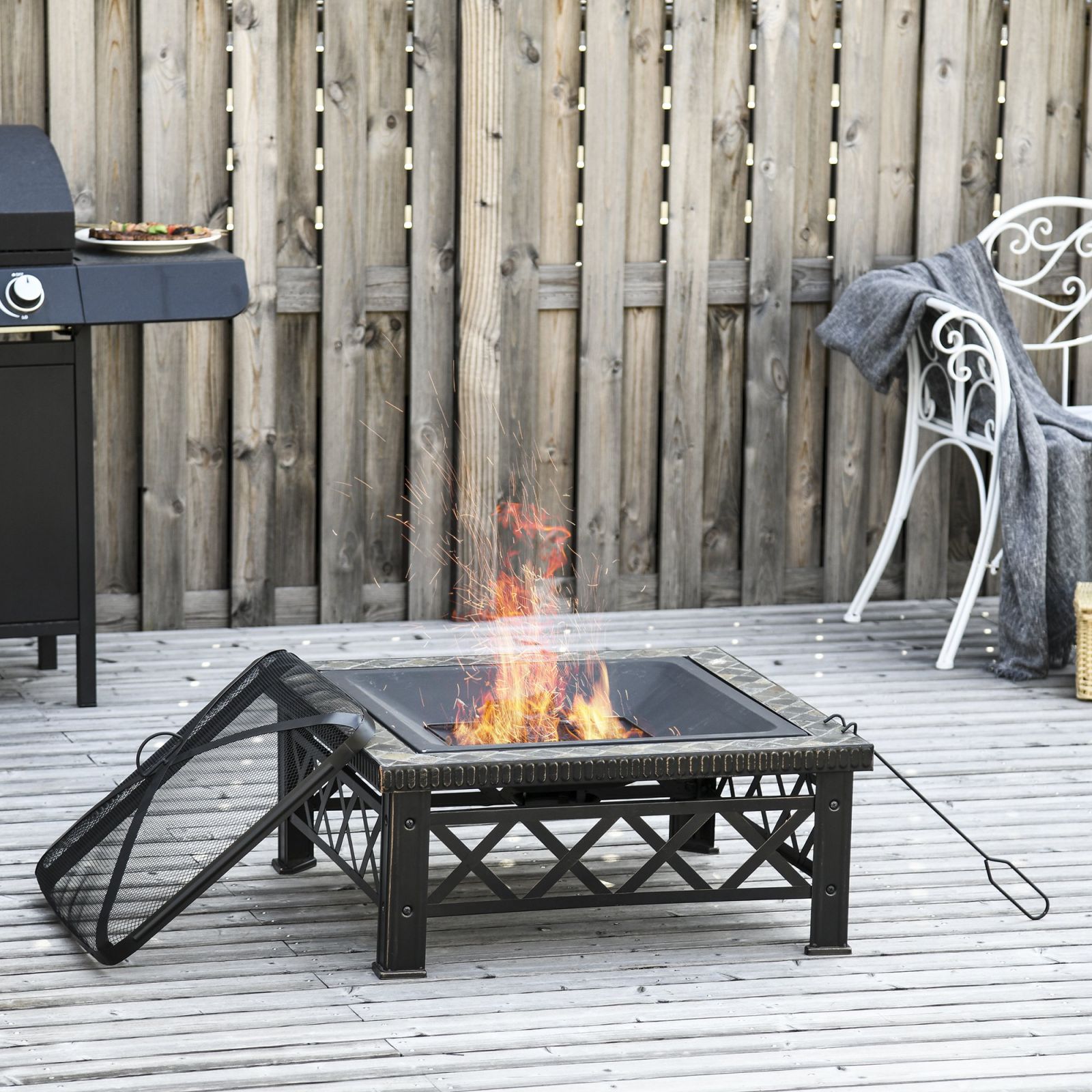 Easycomfort Braciere da Giardino con Coperchio Parascintille e Griglia per Barbecue in Metallo 76x76x47cm Nero