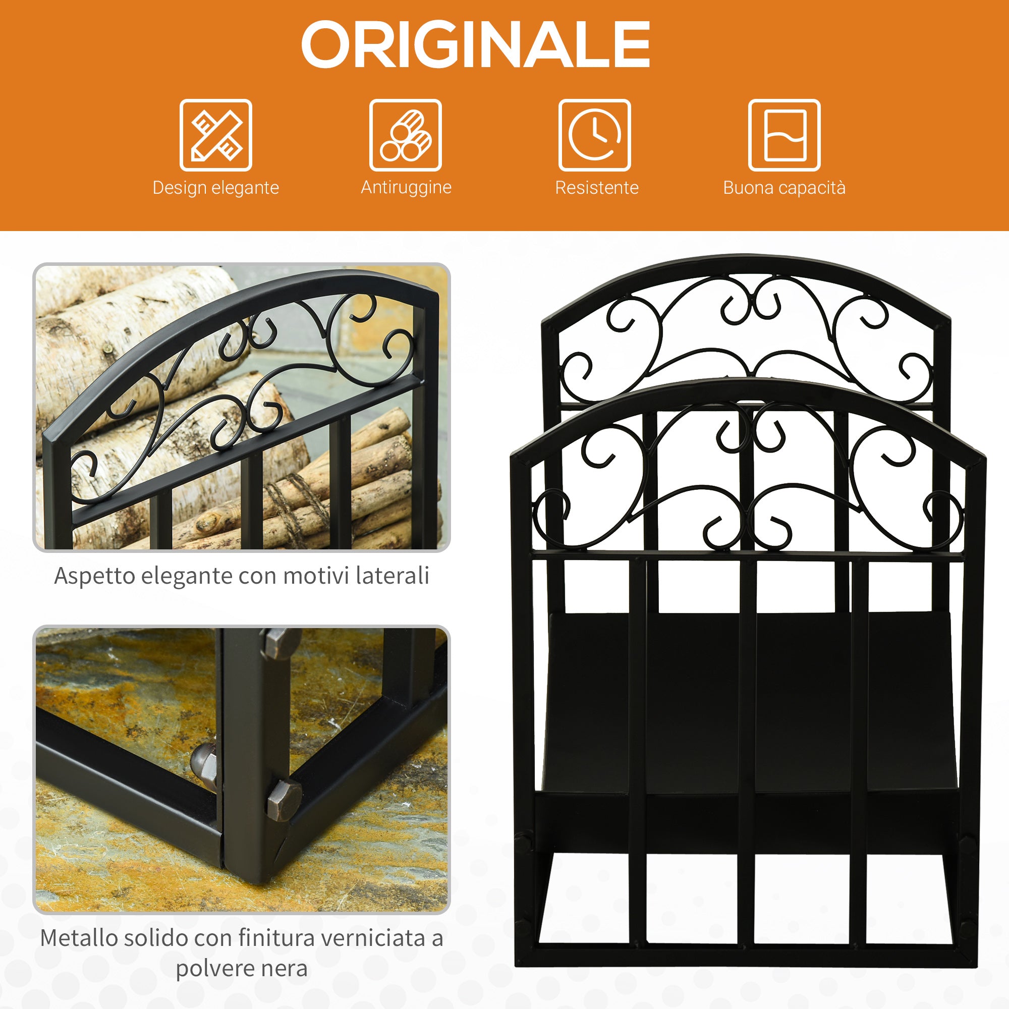 EasyComfort Portalegna da Interno ed Esterno in Metallo con Ripiano Curvo, Fino 60kg di Legna, Nero, 60.5x36x46.5cm