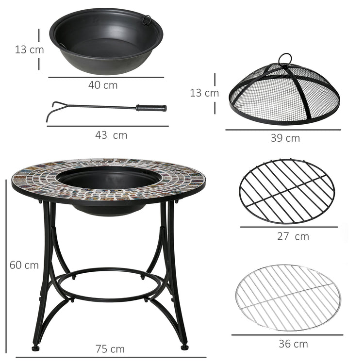 EasyComfort Braciere da Esterno 3 in 1 con Tavolino, Griglia e Attizzatoio, in Metallo e Ceramica, 75x75x60 cm