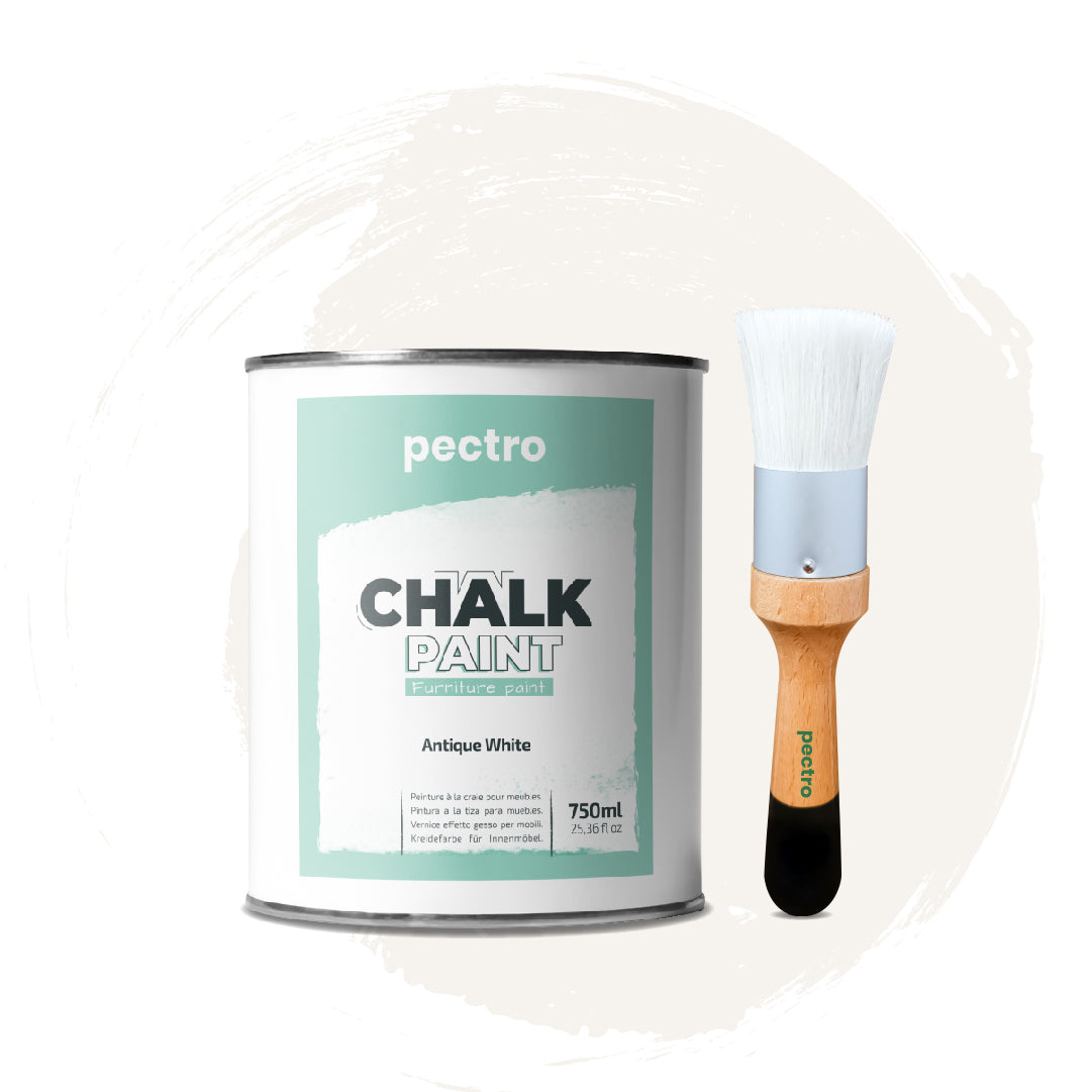 Chalk Paint Vernice a Gesso 750ml + Pennello Tondo in Legno Pack - Pittura per Mobili Senza Carteggiare (BIANCO ANTICO)