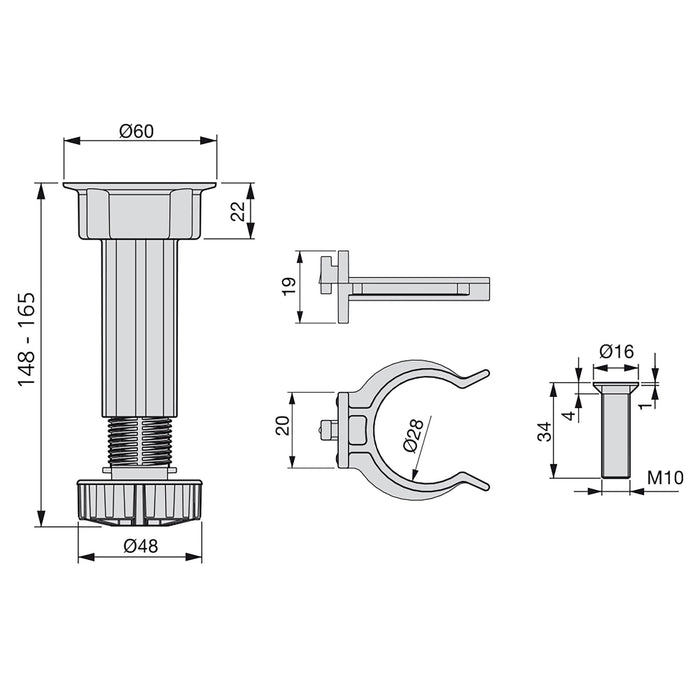 Emuca Piedino regolabile con base pre-assemblata per mobile, 148-165 mm, Plastica, Nero, 40 u.