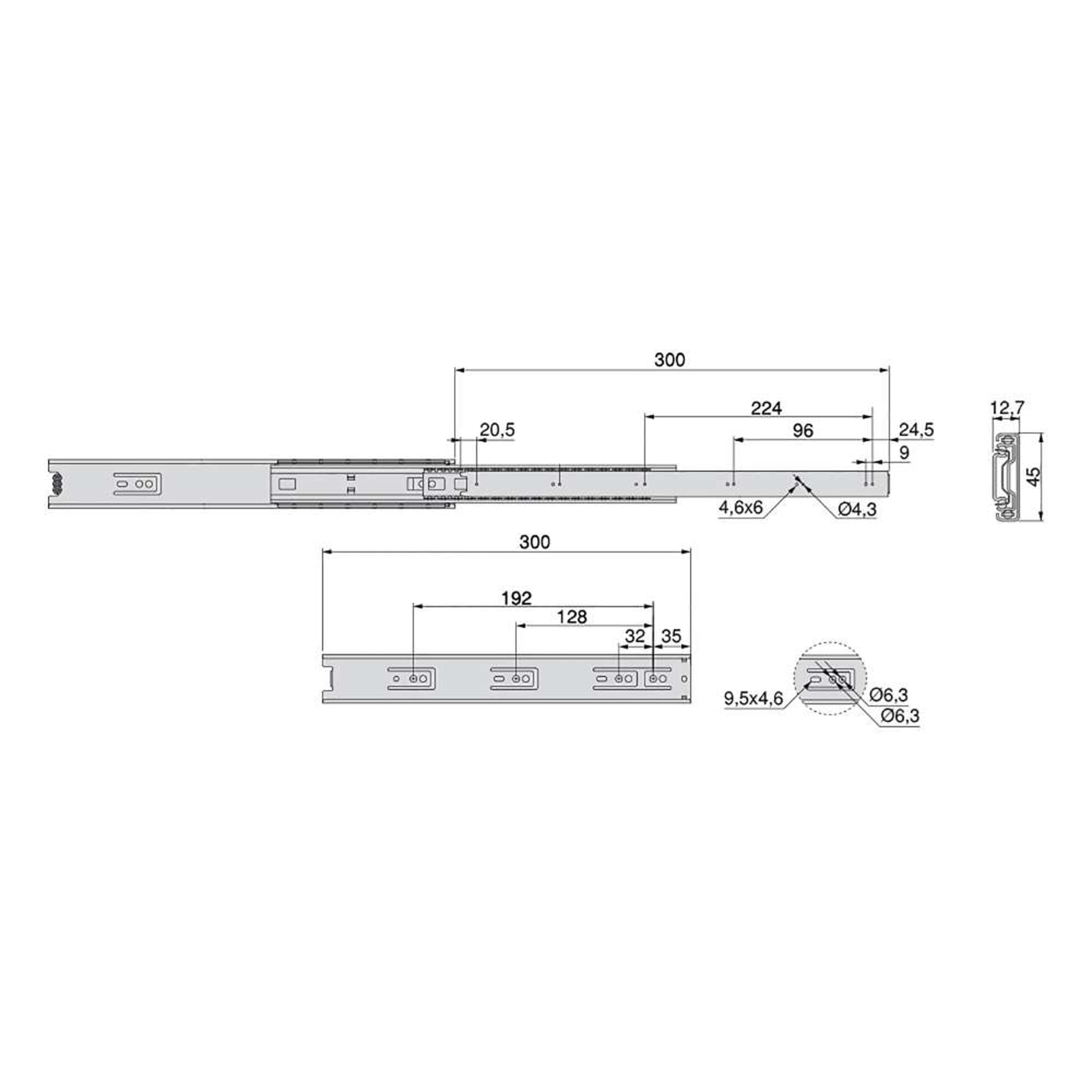 Emuca Kit guide per cassetti, a sfera, 45x 300 mm, estrazione totale, Zincato, 5 u.