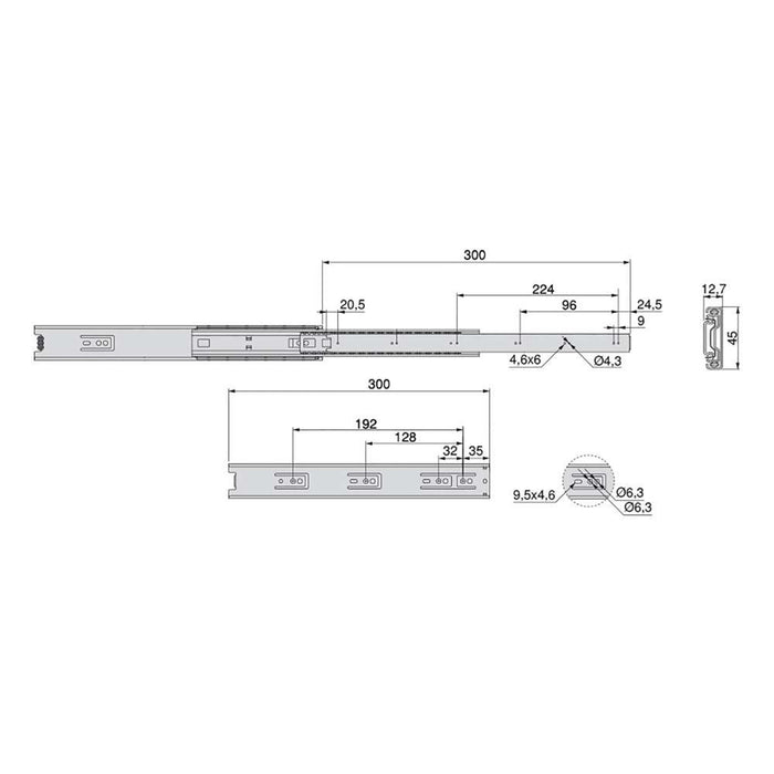 Emuca Kit guide per cassetti, a sfera, 45x 300 mm, estrazione totale, Zincato, 5 u.