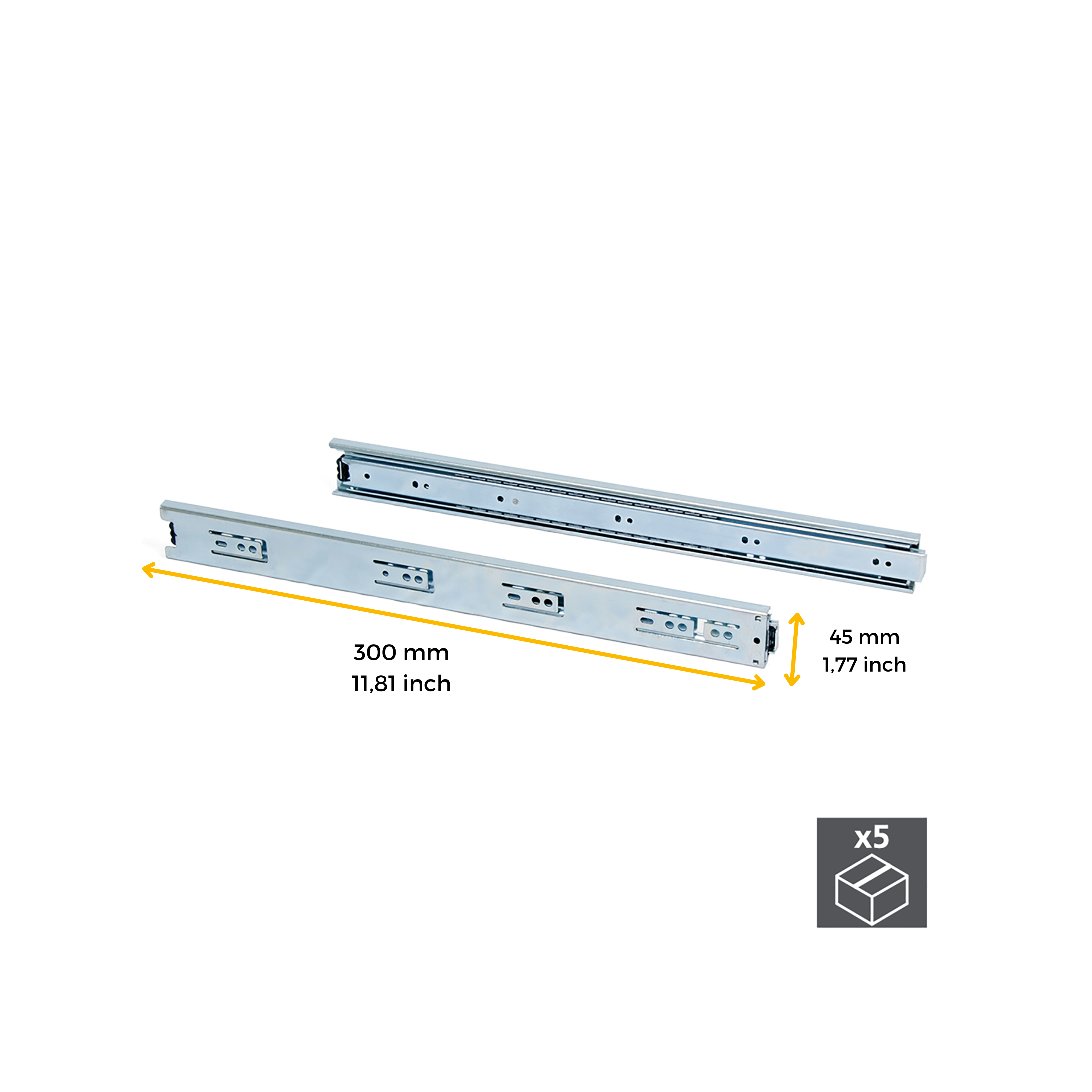 Emuca Kit guide per cassetti, a sfera, 45x 300 mm, estrazione totale, Zincato, 5 u.