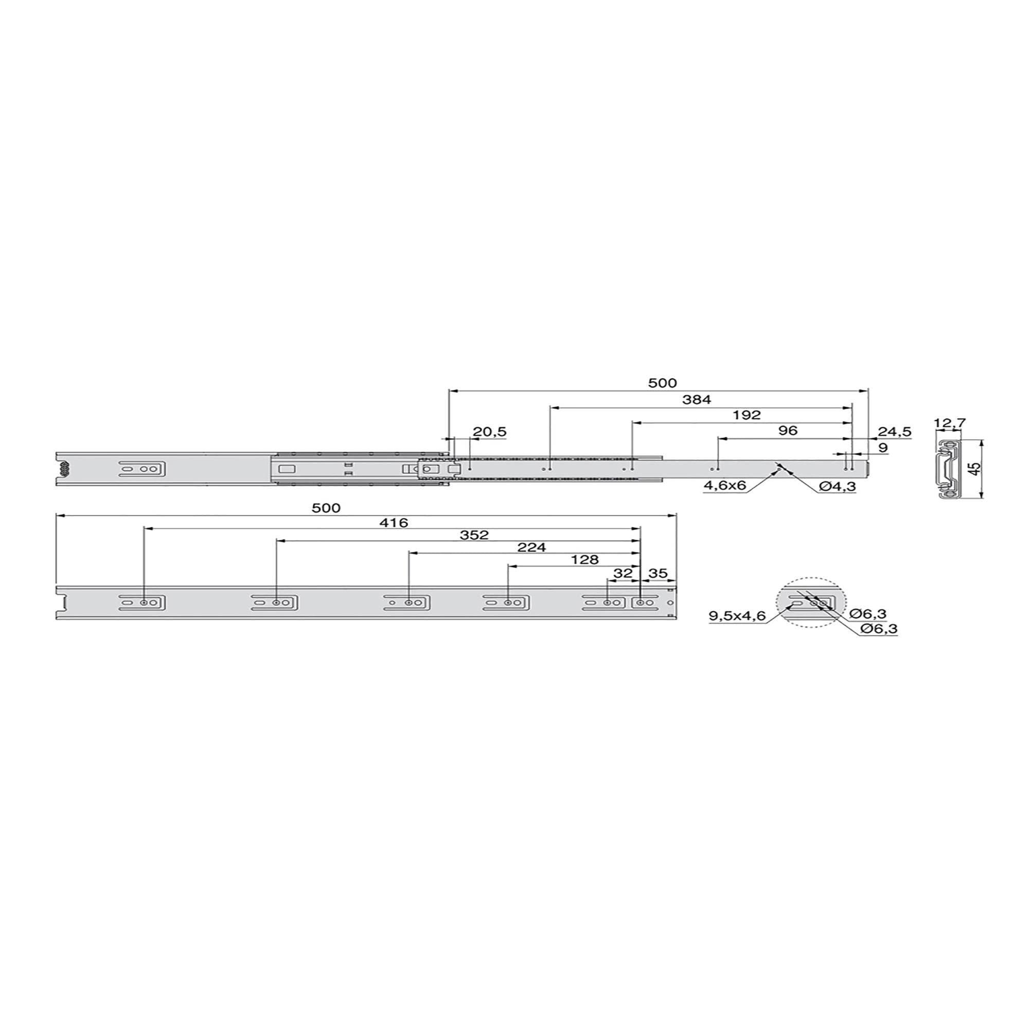 Emuca Kit guide per cassetti, a sfera, 45x 500 mm, estrazione totale, Nero, 5 u.