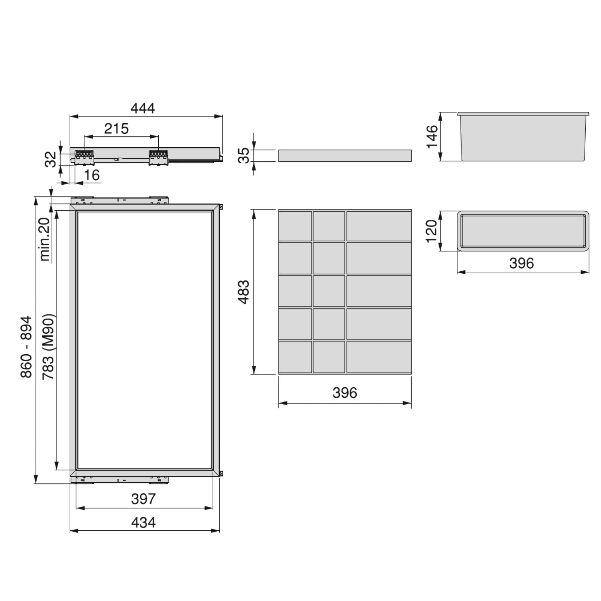 Kit Cassetto Organizzatore e Telaio per Armadio 900 mm in Alluminio e Plastica Emuca Grigio Pietra