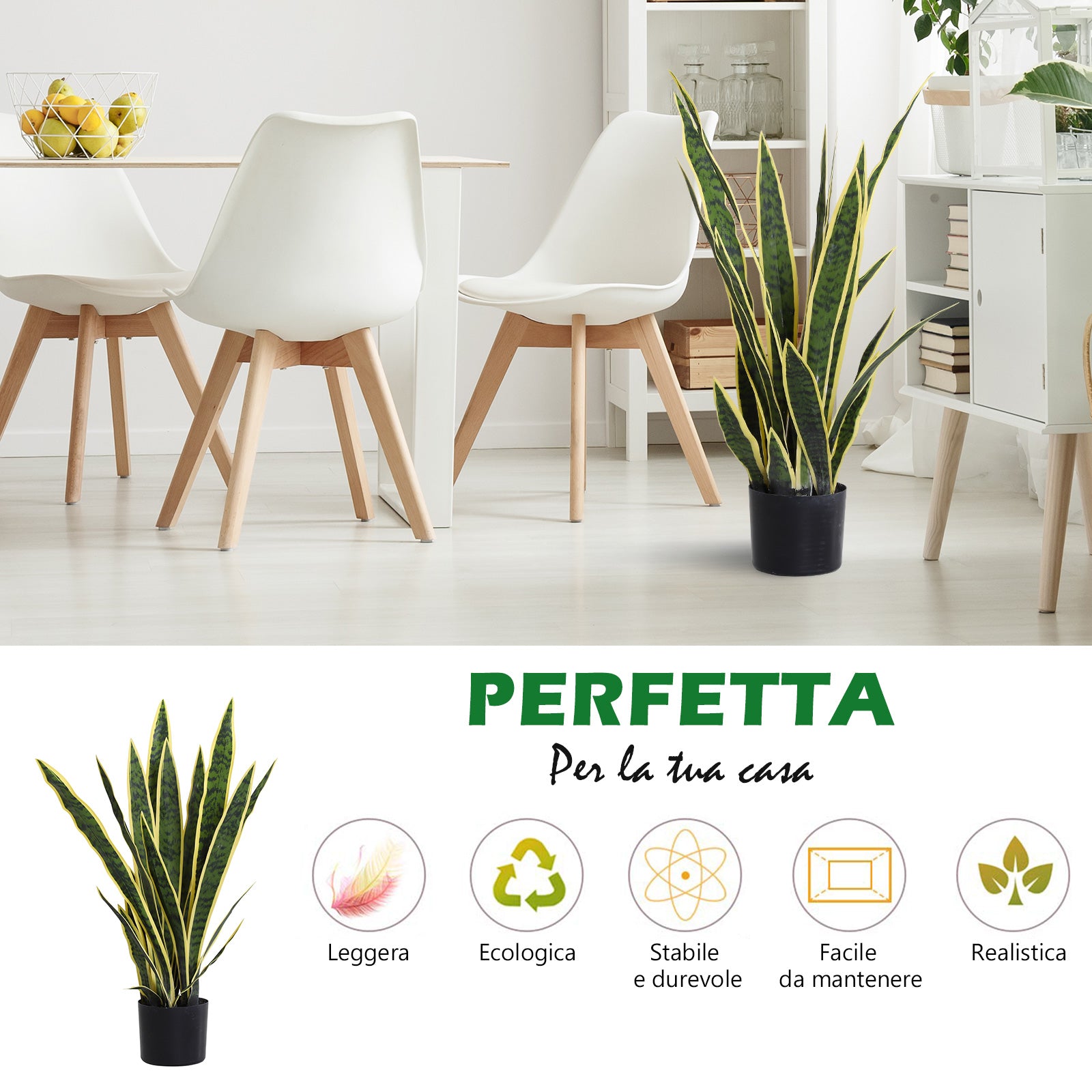 Easycomfort Sanseveria Artificiale Pianta Finta Realistica con Vaso, Ø15cm x 80cm, Verde e Giallo