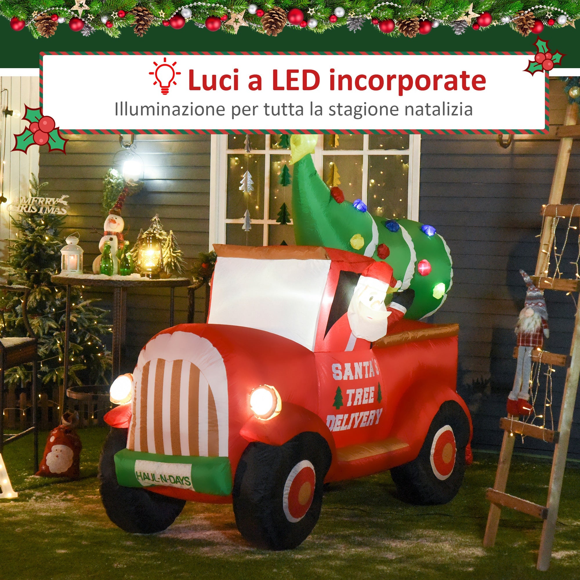 Babbo Natale con Camion e Albero Gonfiabile 215x102x180 cm con Luci a LED