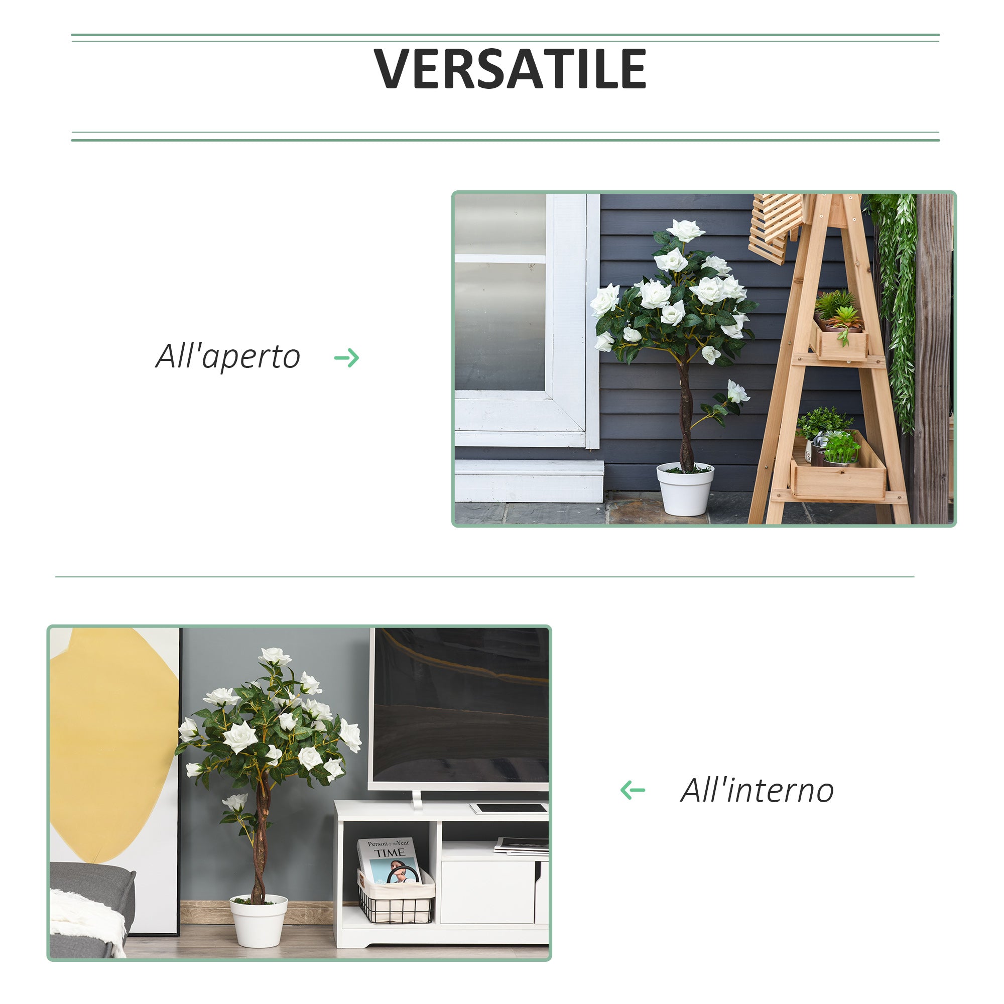 Easycomfort Rosa Alberello Pianta Artificiale con 21 Fiori e Vaso, Pianta Finta da Interno ed Esterno Alta 90cm, Bianco e Verde