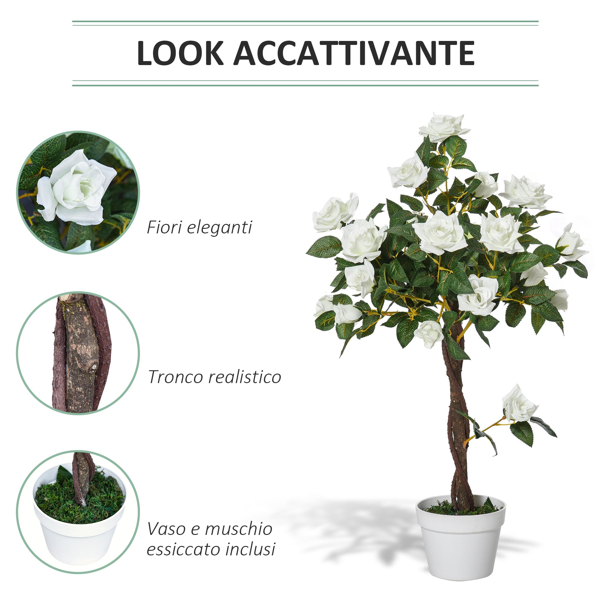 Easycomfort Rosa Alberello Pianta Artificiale con 21 Fiori e Vaso, Pianta Finta da Interno ed Esterno Alta 90cm, Bianco e Verde