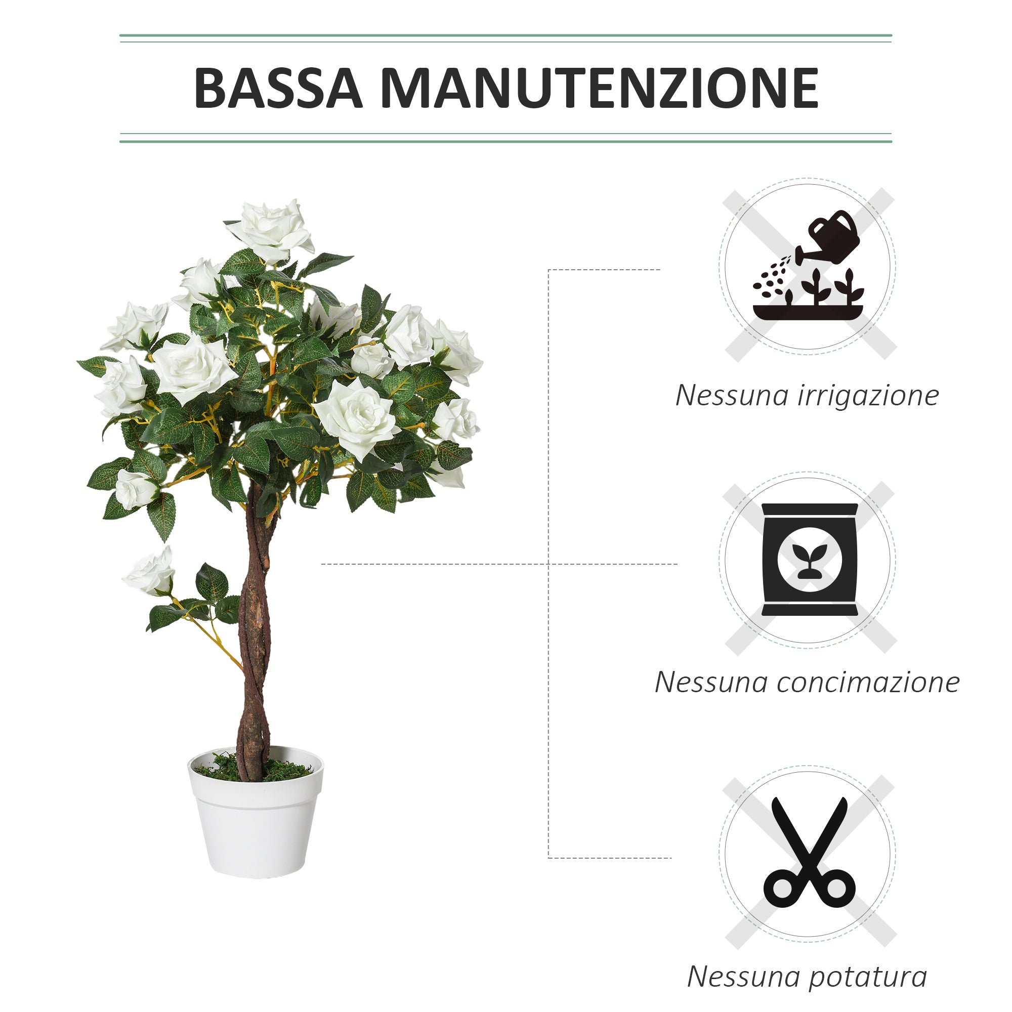 Easycomfort Rosa Alberello Pianta Artificiale con 21 Fiori e Vaso, Pianta Finta da Interno ed Esterno Alta 90cm, Bianco e Verde