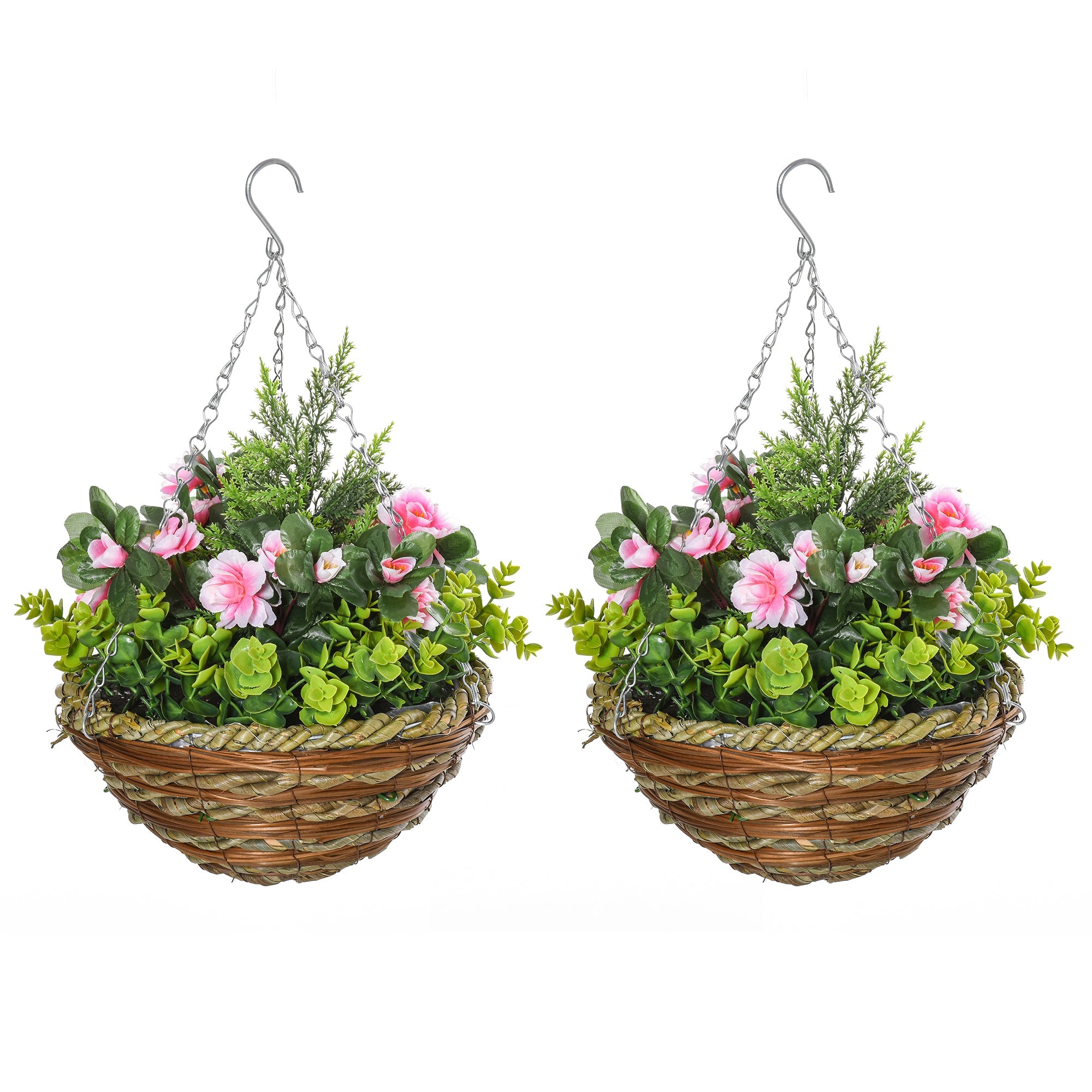 Set 2 Piante Artificiali Lisianthus da Appendere con Vaso e Catenelle Rosa e Verde