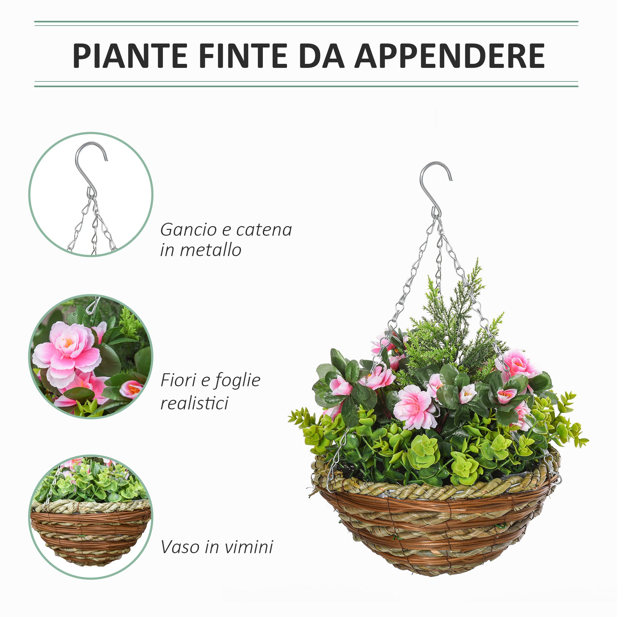 EasyComfort Set di 2 Piante Finte Lisianthus da Appendere per Interno ed Esterno con Vaso in Vimini e Catenelle, Ф25x34cm, Rosa e Verde