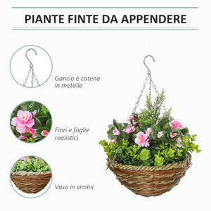 EasyComfort Set di 2 Piante Finte Lisianthus da Appendere per Interno ed Esterno con Vaso in Vimini e Catenelle, Ф25x34cm, Rosa e Verde