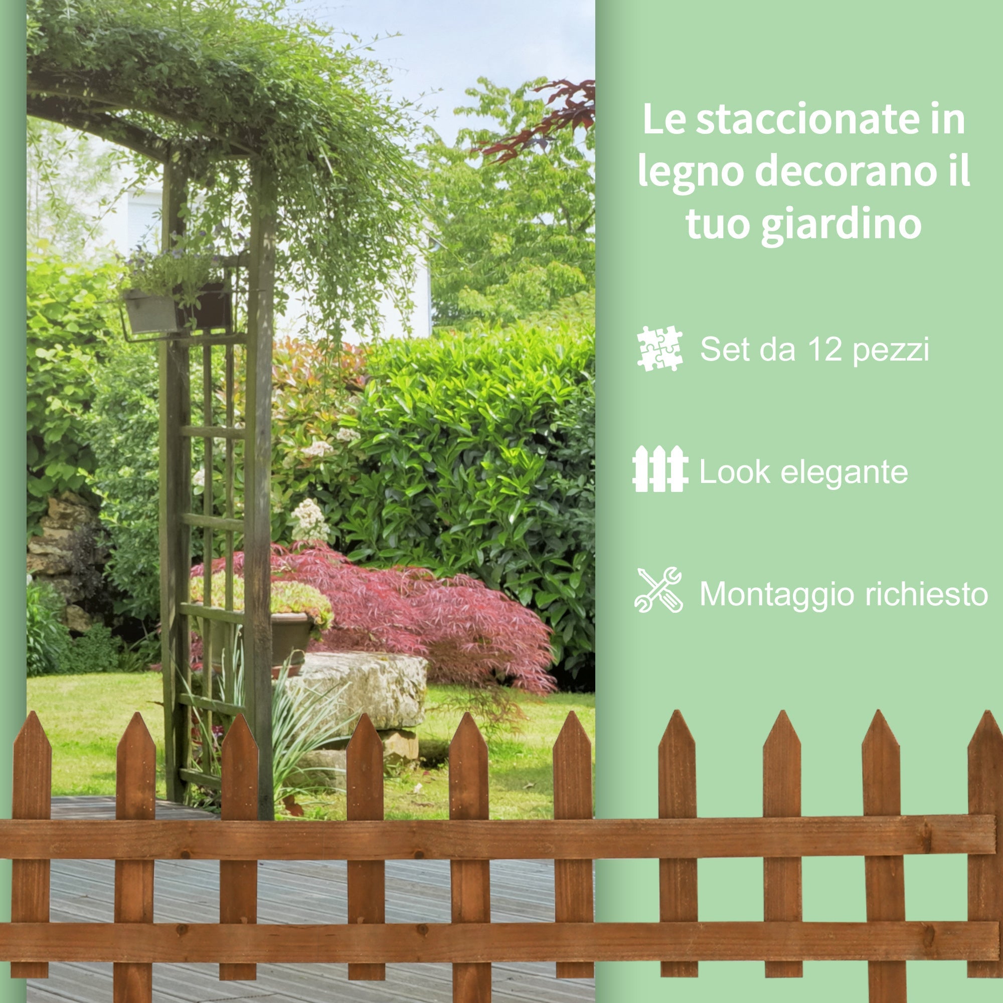 Staccionata in Legno 12 Pezzi H34 cm per Aiuole Giardino e Orto