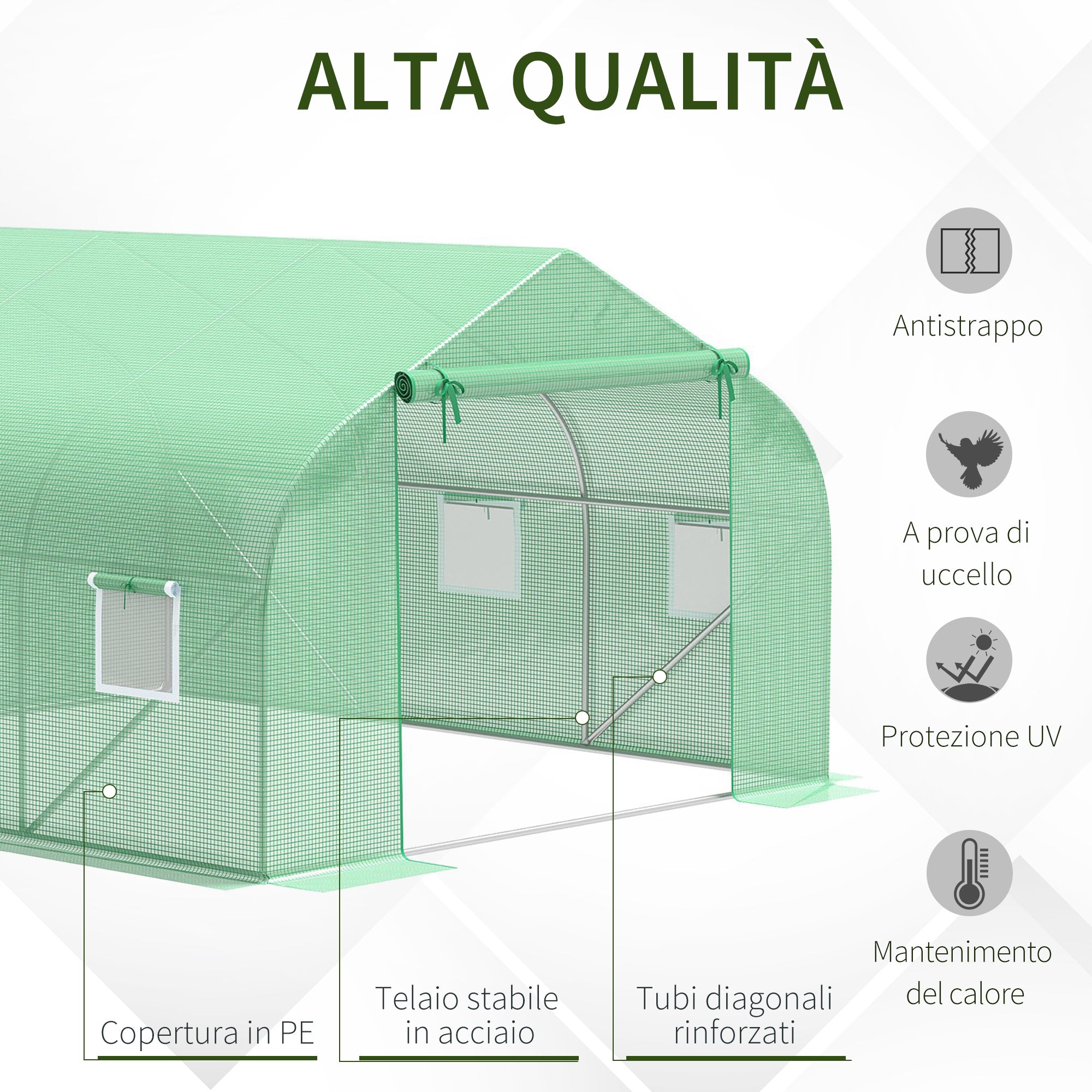 EasyComfort Serra da Giardino 3.5 x 3 x 2m con Tetto Spiovente in PE, Porta e 6 Finestre, Verde