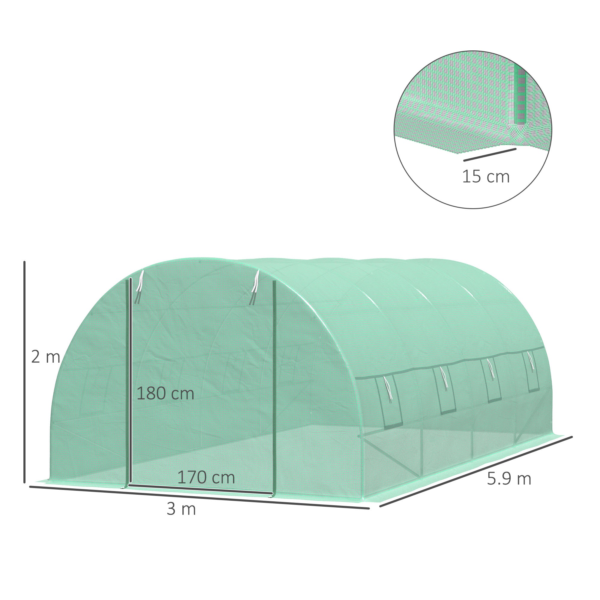 EasyComfort Serra per Piante a Tunnel da Esterno in Acciaio e PE con 8 Finestre 5.95 x 3 x 2m Verde