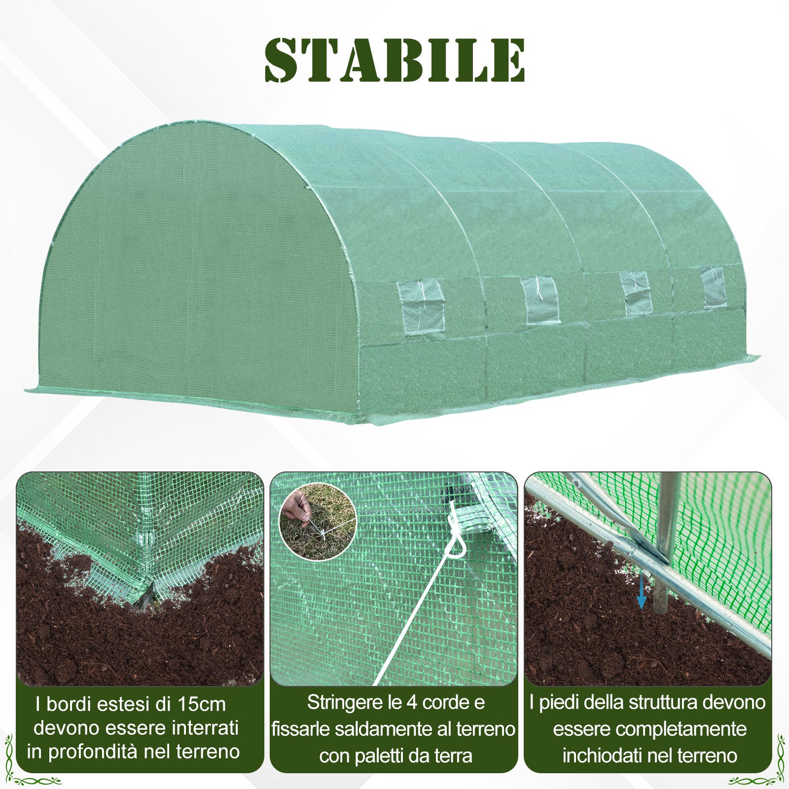 EasyComfort Serra per Piante a Tunnel da Esterno in Acciaio e PE con 8 Finestre 5.95 x 3 x 2m Verde