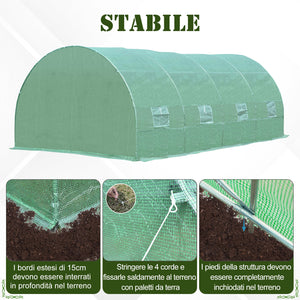 EasyComfort Serra per Piante a Tunnel da Esterno in Acciaio e PE con 8 Finestre 5.95 x 3 x 2m Verde