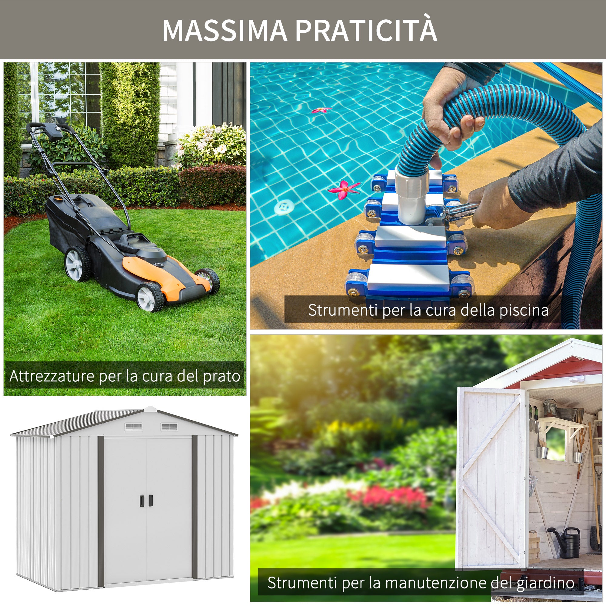 EasyComfort Casetta Porta Utensili in Acciaio, Capanno da Giardino con Porte Scorrevoli, 213x130x185 cm, Bianco