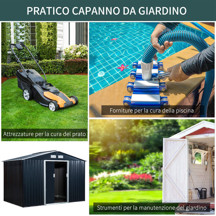 EasyComfort Casetta da Giardino con Base e Doppie Porte Scorrevoli in Lamiera di Acciaio, Capanno da Giardino in Acciaio, 277x195x192cm, Grigia Scura