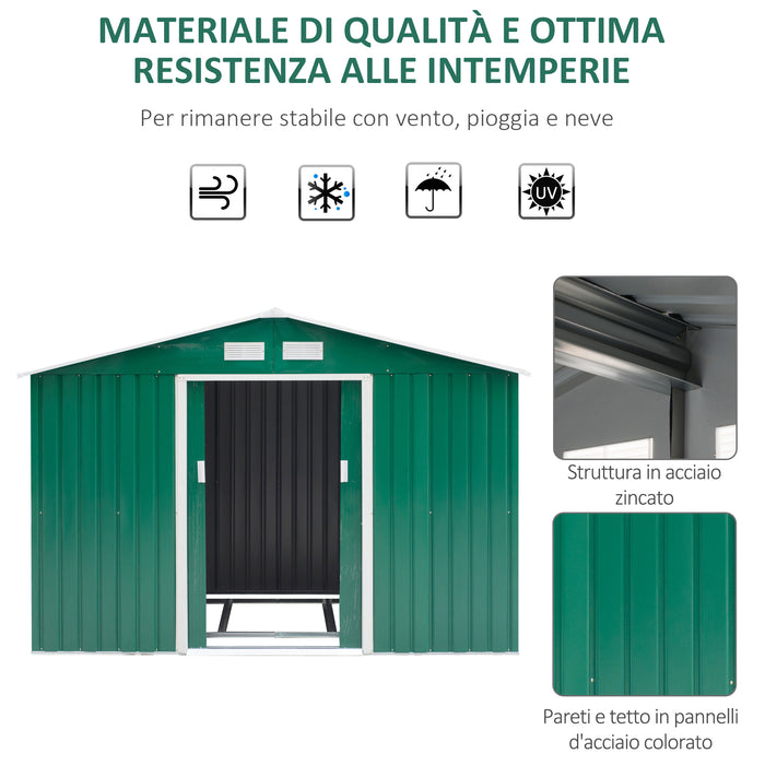 EASYCOMFORT  Casetta da Giardino Porta Utensili in Lamiera di Acciaio, Capanno da Giardino in Acciaio con Porte Scorrevoli, 277x195x192cm, Verde