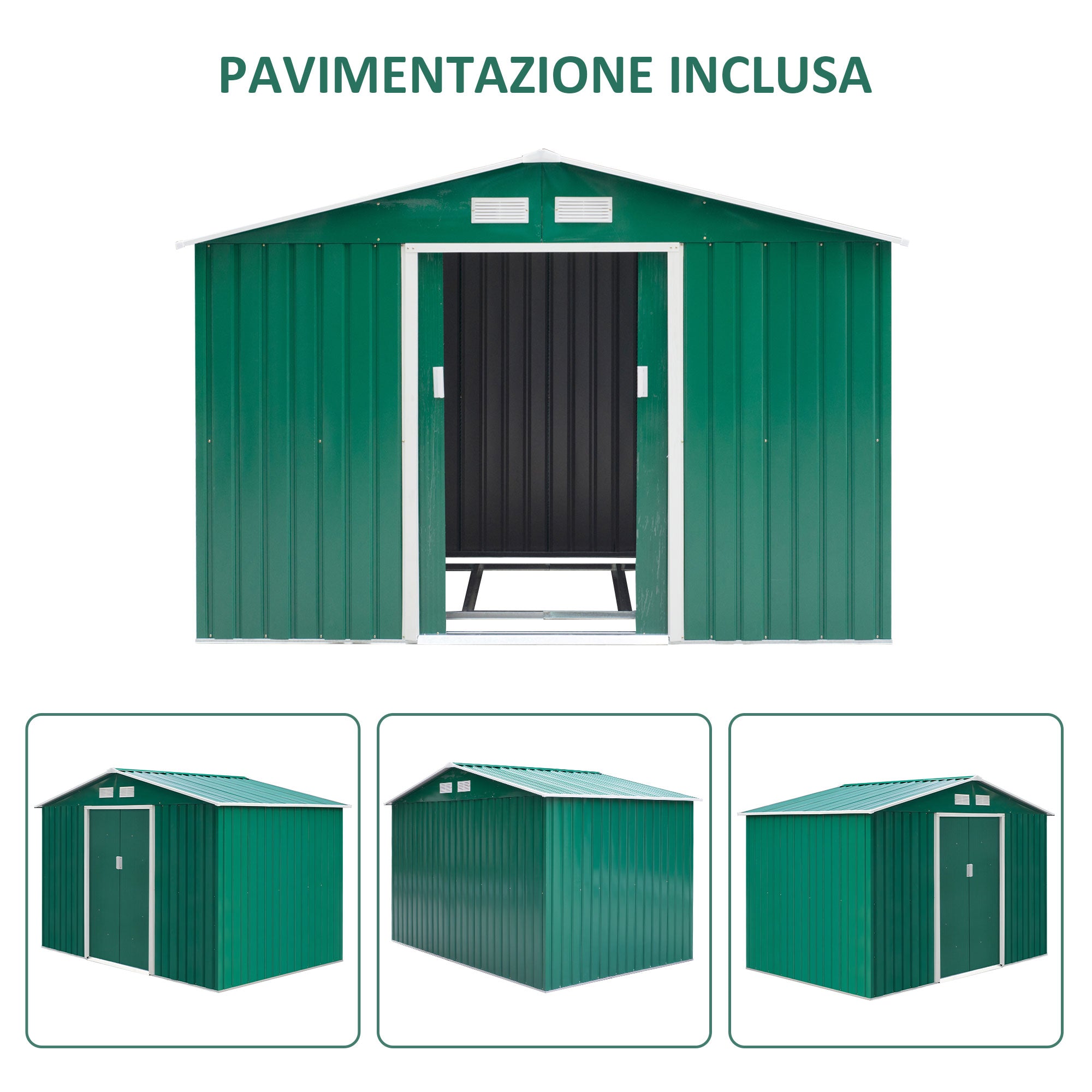 EASYCOMFORT  Casetta da Giardino Porta Utensili in Lamiera di Acciaio, Capanno da Giardino in Acciaio con Porte Scorrevoli, 277x195x192cm, Verde