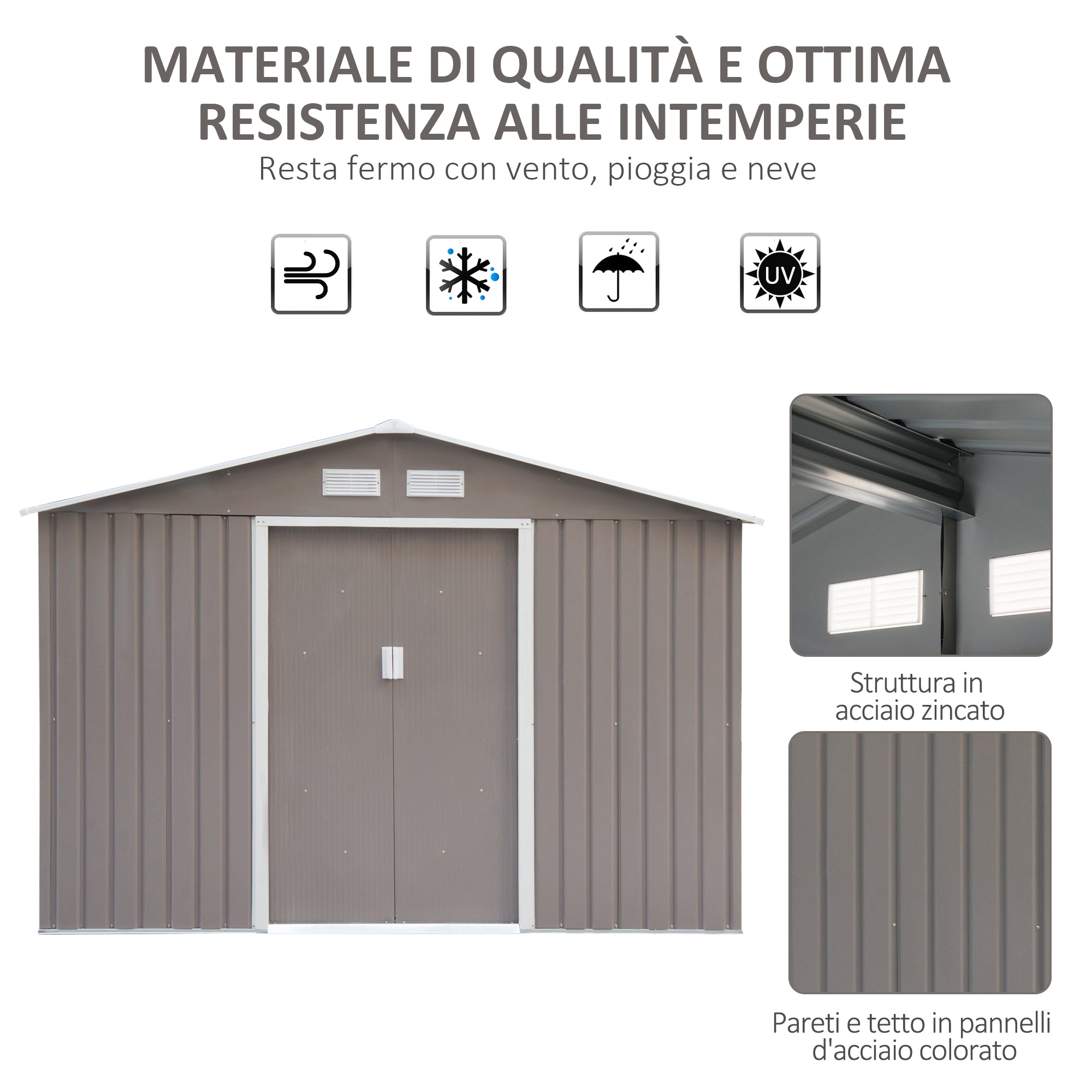 EASYCOMFORT  Casetta da Giardino Porta Utensili in Lamiera di Acciaio, Capanno da Giardino in Acciaio con Porte Scorrevoli, 277x195x192cm, Grigio