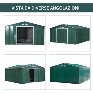 EASYCOMFORT Casetta da Giardino con 2 Porte Scorrevoli e 4 Prese d'Aria in Acciaio e PP, 340x386x200cm, Verde