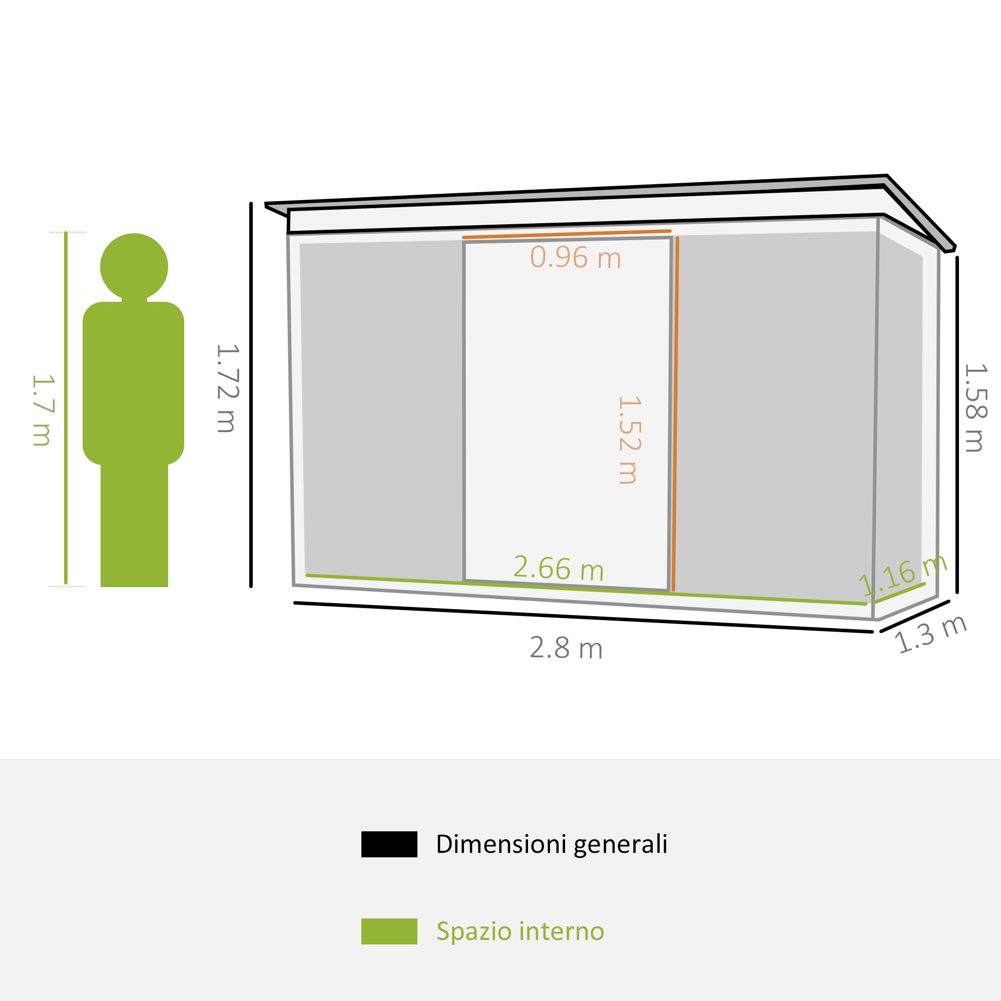 EasyComfort Casetta da Giardino Porta Utensili in Lamiera di Acciaio con Porte Scorrevoli, 280x130x172cm, Verde Chiaro