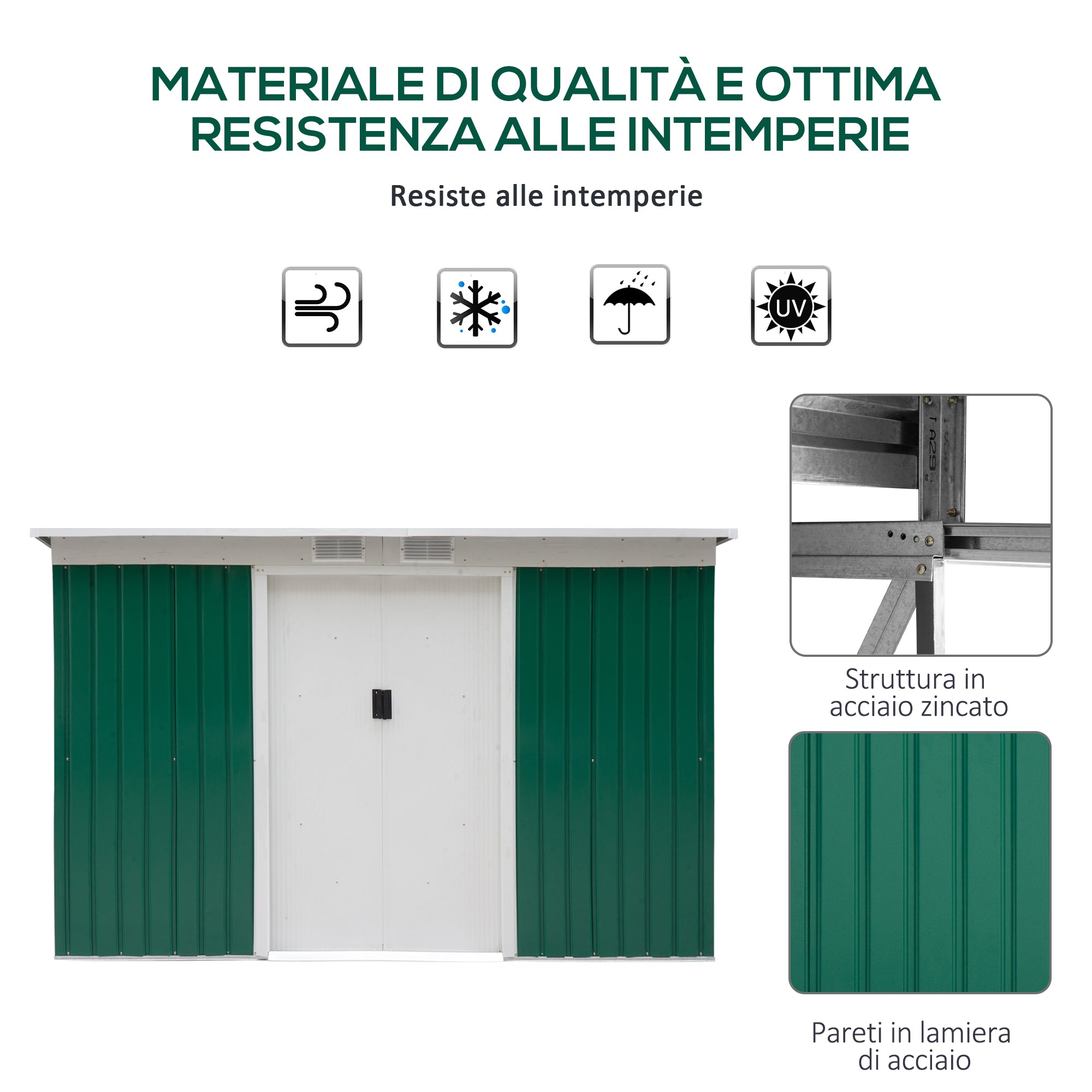 EASYCOMFORT  Casetta da Giardino Porta Utensili in Lamiera di Acciaio, Capanno da Giardino in Acciaio con Porte Scorrevoli, 280x130x172cm, Verde