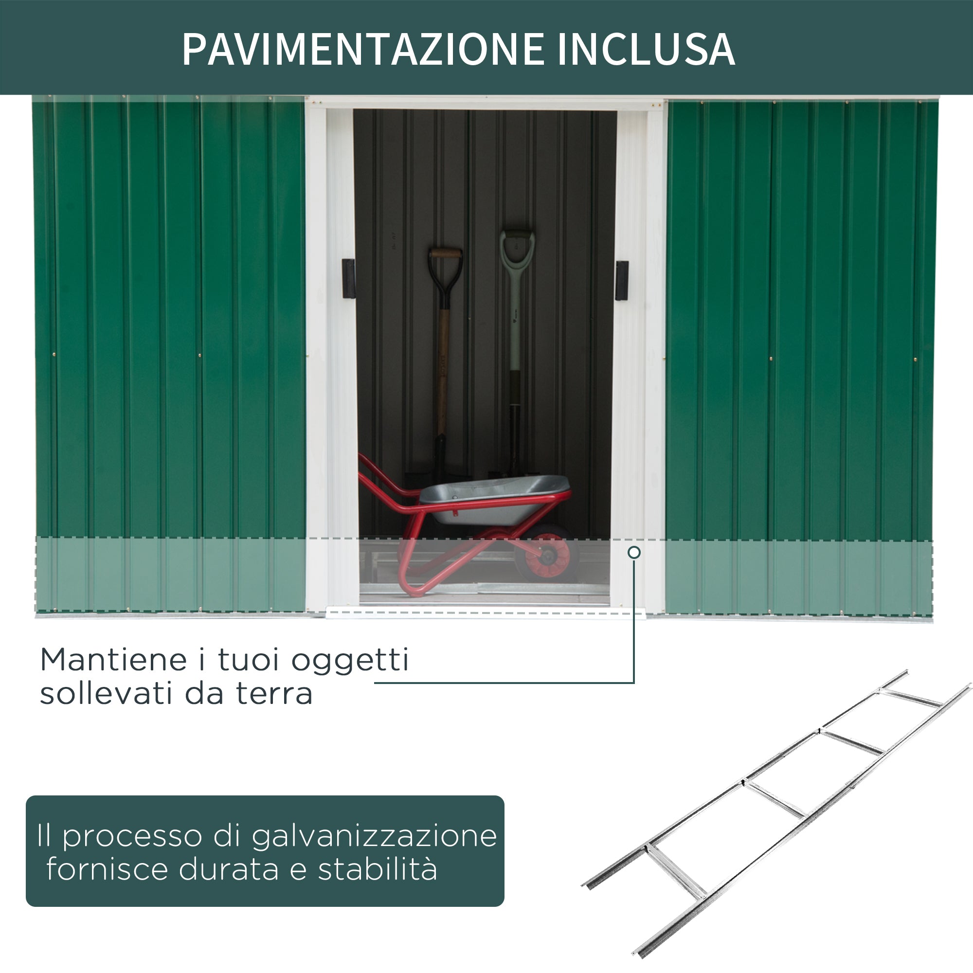 EASYCOMFORT  Casetta da Giardino Porta Utensili in Lamiera di Acciaio, Capanno da Giardino in Acciaio con Porte Scorrevoli, 280x130x172cm, Verde