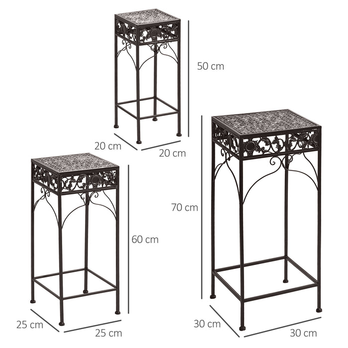 EASYCOMFORT Set di 3 Pezzi Sgabelli Supporto per Piante Classico in Ferro, MARRONE