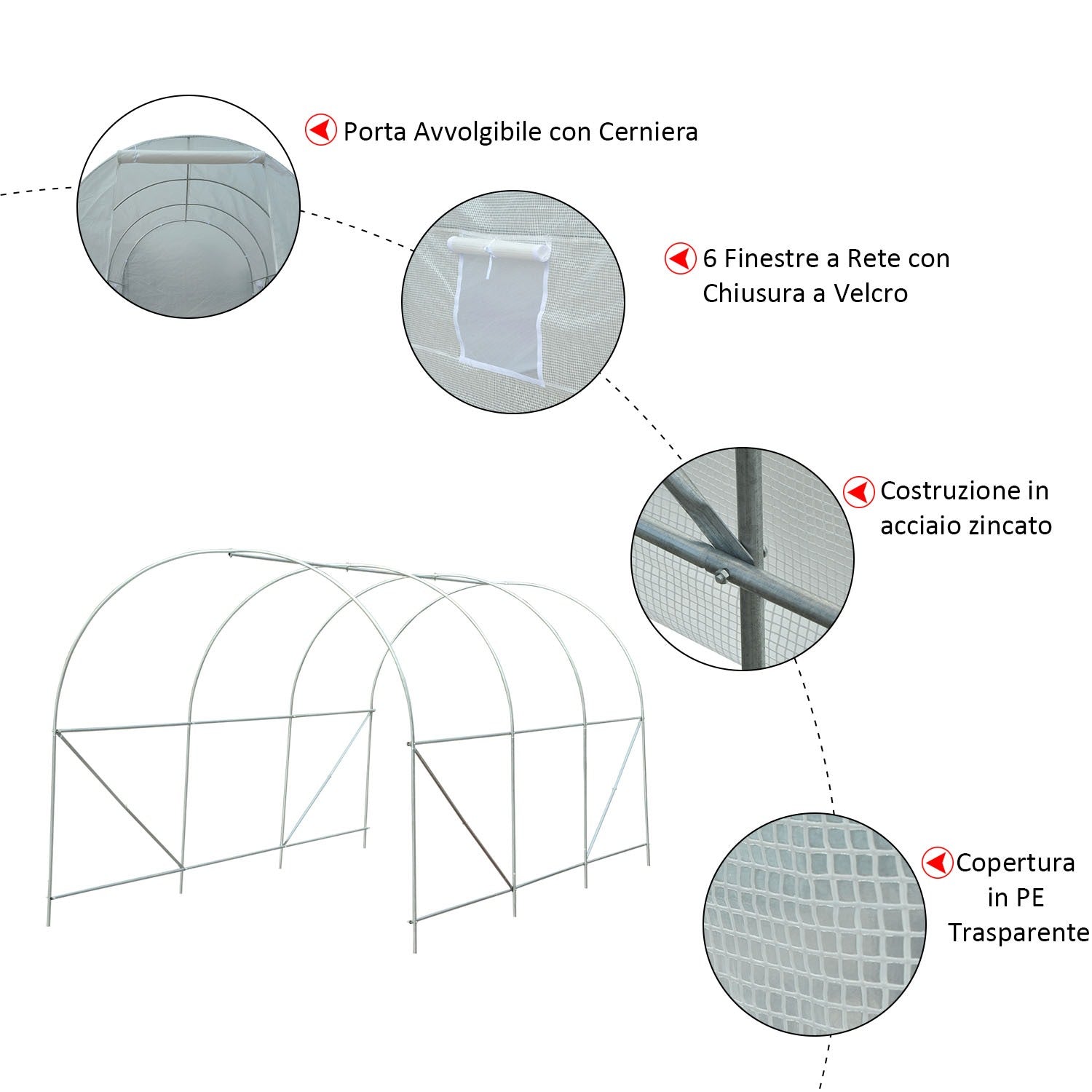 EasyComfort Serra da Giardino a Tunnel 4.5x2x2m con Copertura in PE e Tubi in Metallo, Bianco