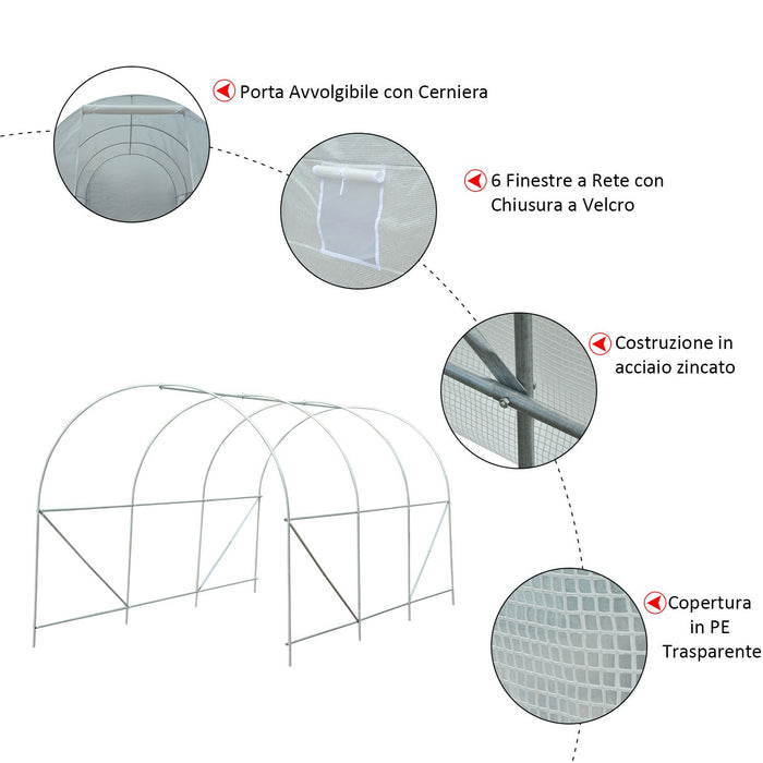 EasyComfort Serra da Giardino a Tunnel 4.5x2x2m con Copertura in PE e Tubi in Metallo, Bianco