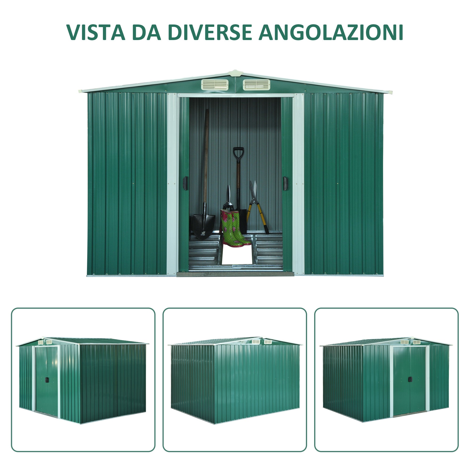 EasyComfort Casetta da Giardino Porta Utensili in Lamiera di Acciaio, Capanno da Giardino in Acciaio con Base e Porte Scorrevoli, 258x206x178cm, Verde