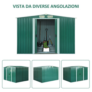 EasyComfort Casetta da Giardino Porta Utensili in Lamiera di Acciaio, Capanno da Giardino in Acciaio con Base e Porte Scorrevoli, 258x206x178cm, Verde