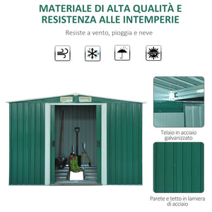 EasyComfort Casetta da Giardino Porta Utensili in Lamiera di Acciaio, Capanno da Giardino in Acciaio con Base e Porte Scorrevoli, 258x206x178cm, Verde