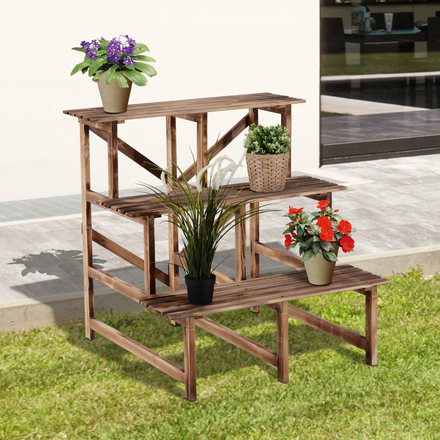 EasyComfort Scaletta Fioriera Portavasi da Giardino a 3 Ripiani in Legno di Abete, 80x80x80cm