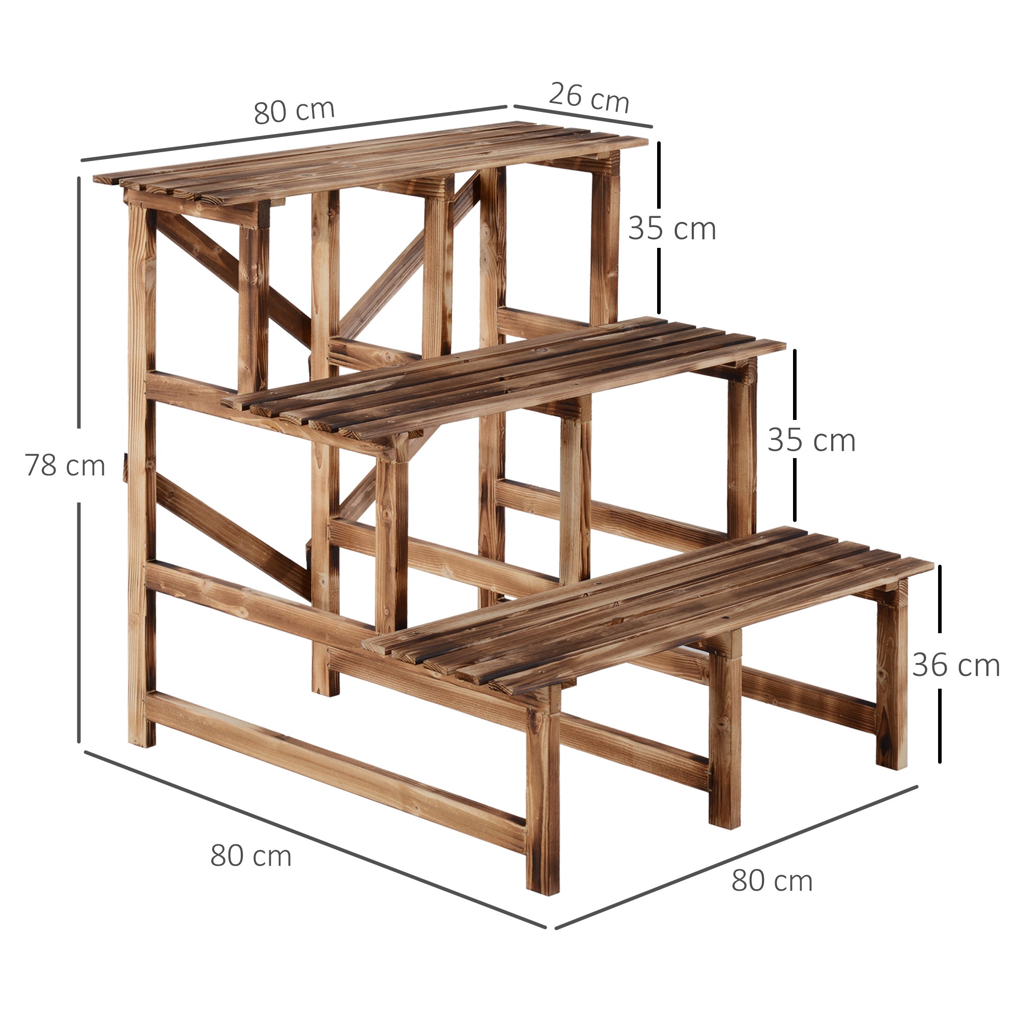 EasyComfort Scaletta Fioriera Portavasi da Giardino a 3 Ripiani in Legno di Abete, 80x80x80cm