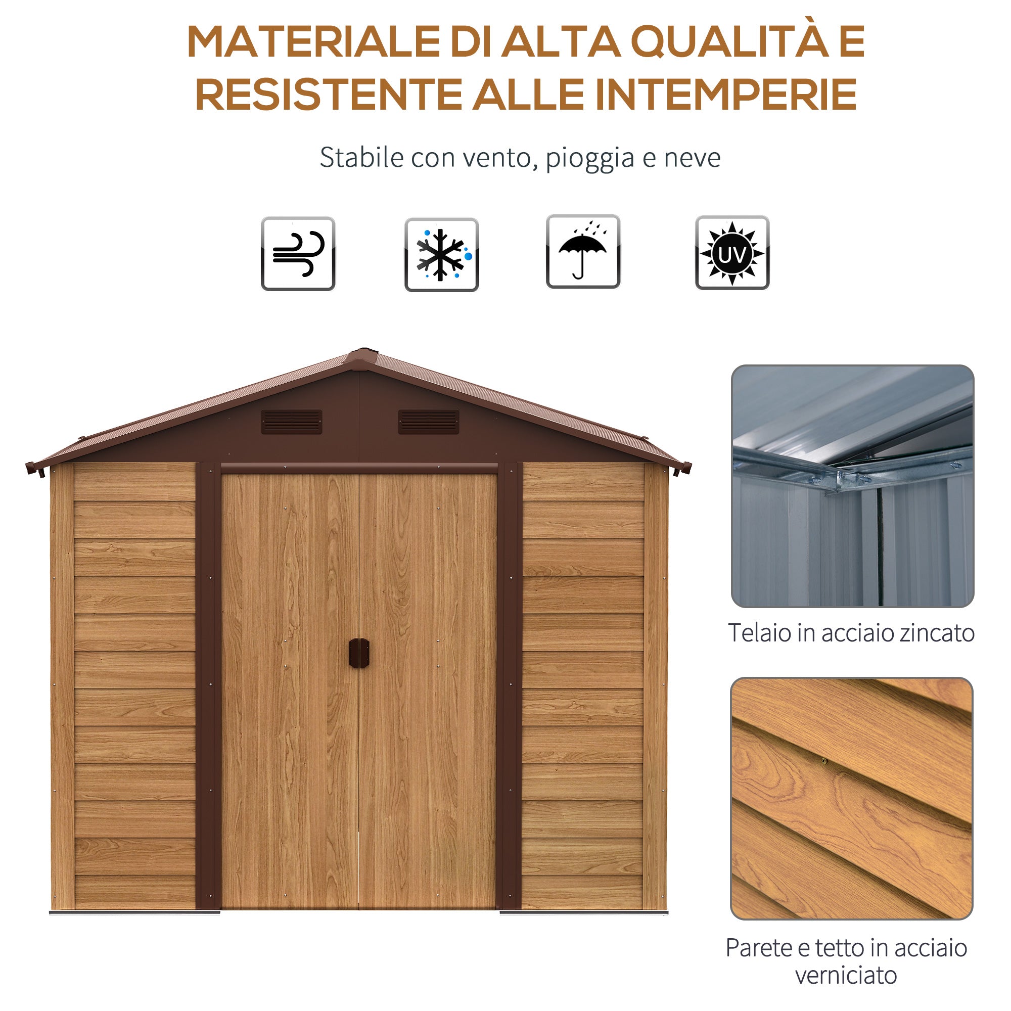 Easycomfort Casetta da Giardino Porta Attrezzi in Acciaio con Porte Scorrevoli e Prese d'Aria, 196x236x208cm, Marrone