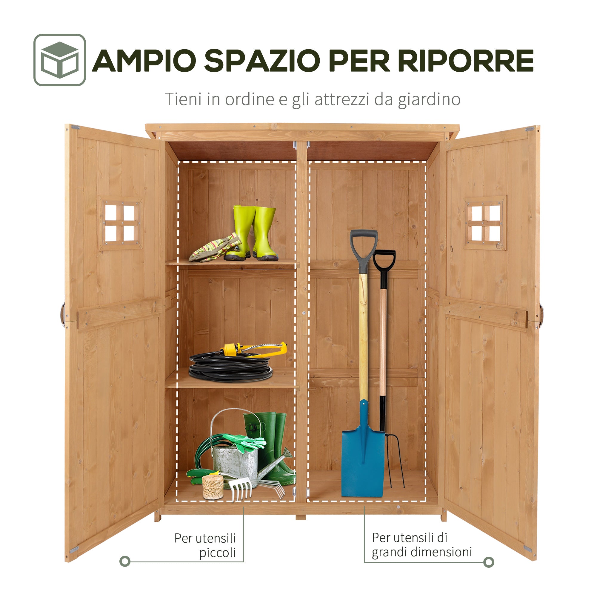EasyComfort Casetta da Giardino Legno con Porta Doppia, Mensole e Finestre, 127.5x50x164cm