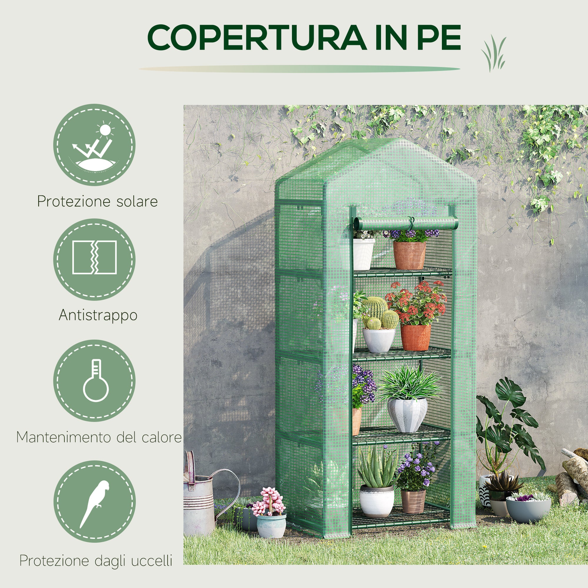 Easycomfort Serra per Piante Verticale con Scaffale a 4 Ripiani in Acciaio e PE Verde Scuro, 70x50x160cm