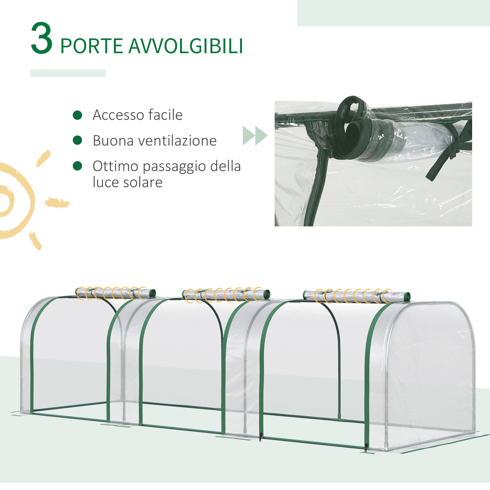 Easycomfort Serra a Tunnel in PVC Trasparente e Acciaio con Porte a Cerniera, 295x100x80 cm