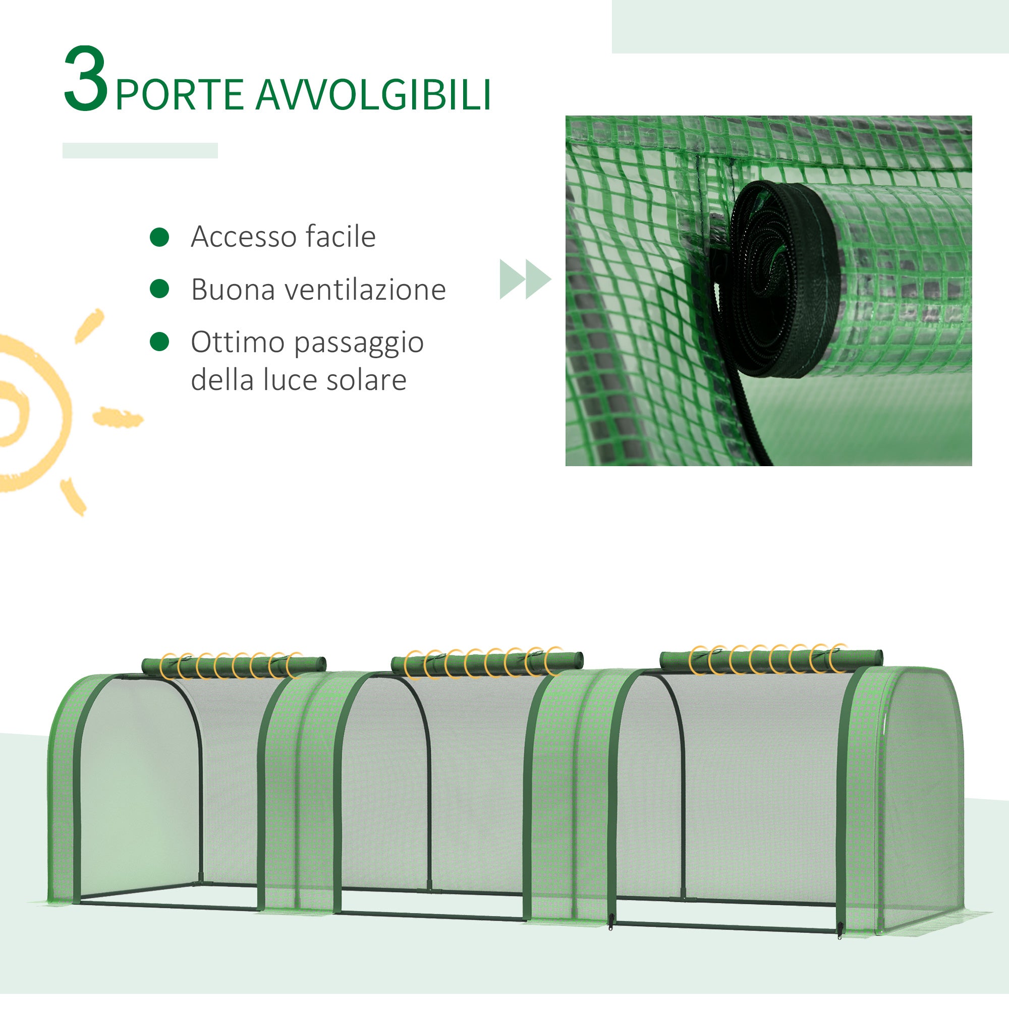 Easycomfort Serra da Giardino a Tunnel in Acciaio e Plastica PP con Porte Avvolgibili, 295x100x80 cm, Verde