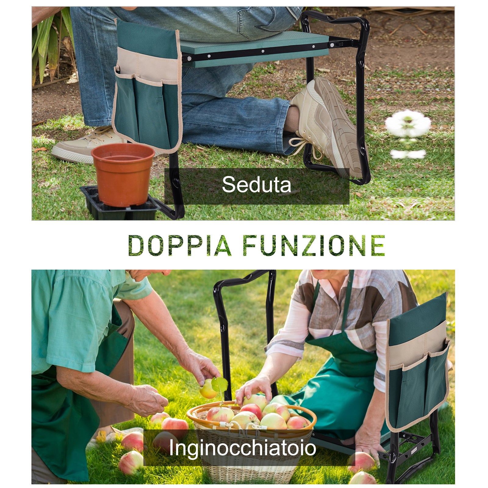 Easycomfort Inginocchiatoio Panca da Giardino Pieghevole 2 in 1, Cuscini in EVA e Borsa Portaoggetti, Colore: Verde e Nero