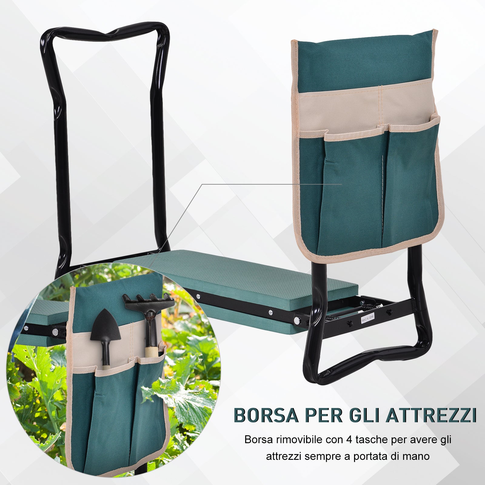 Easycomfort Inginocchiatoio Panca da Giardino Pieghevole 2 in 1, Cuscini in EVA e Borsa Portaoggetti, Colore: Verde e Nero