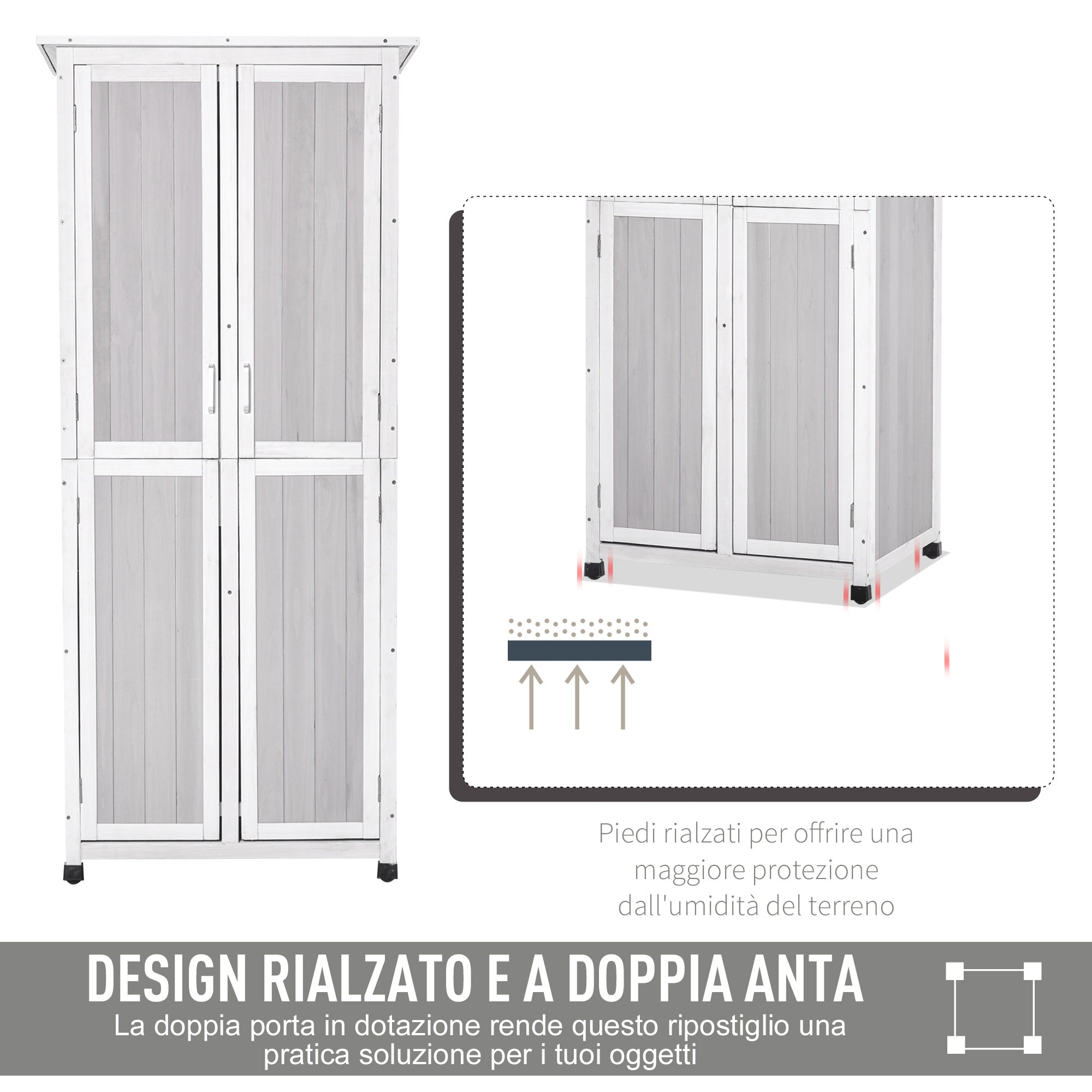 EasyComfort Casetta Porta Attrezzi in Legno di Abete a 3 Livelli con Tetto in Bitume, 77x58x175 cm, Grigio